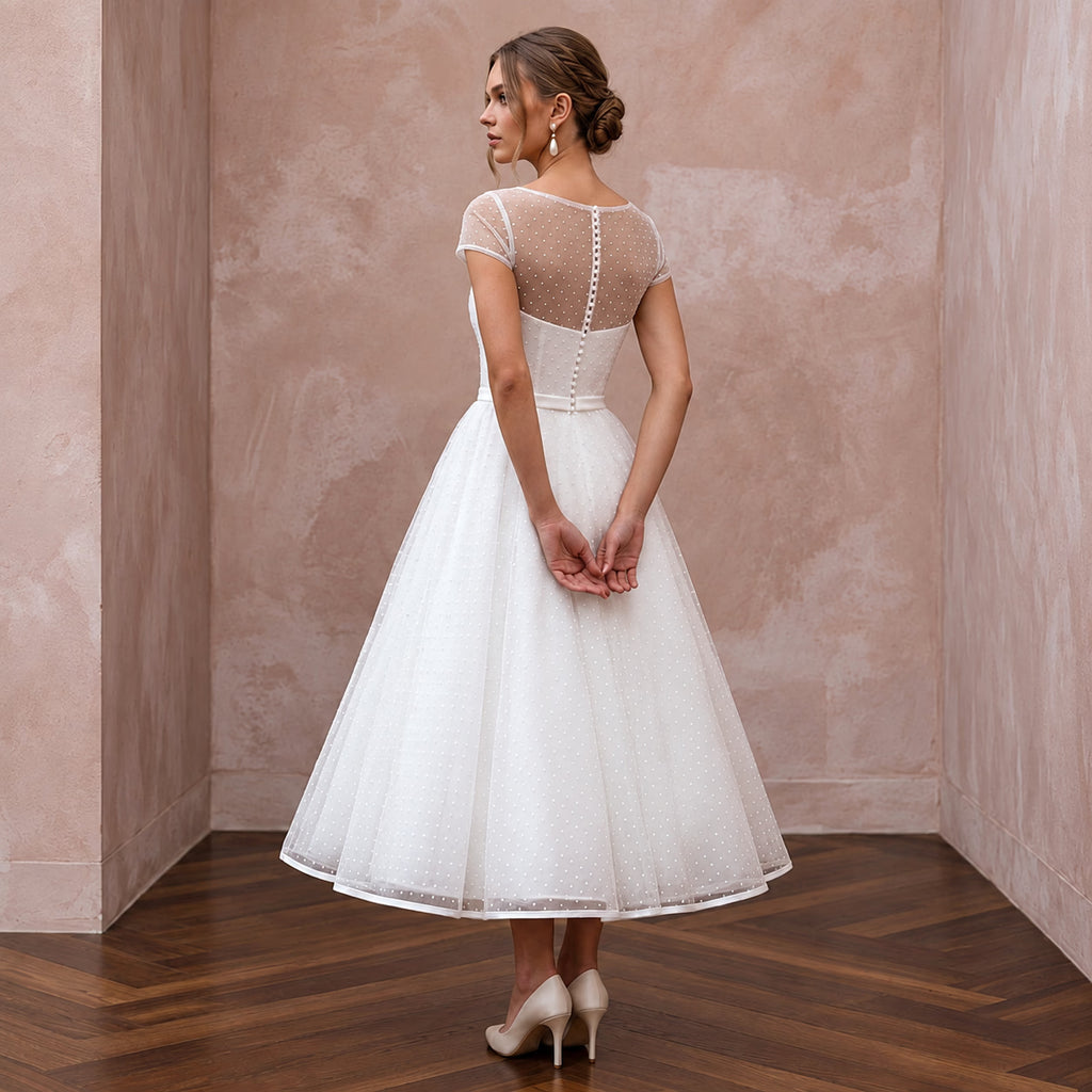 White Dotted Swiss Tulle Tea - Length Dress for 1950s Vow Renewal - Apparel & Accessories > Clothing > Wedding & Bridal Party Dresses > Wedding Dresses - Mignonette Bridal
