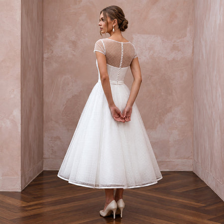 White Dotted Swiss Tulle Tea - Length Dress for 1950s Vow Renewal - Apparel & Accessories > Clothing > Wedding & Bridal Party Dresses > Wedding Dresses - Mignonette Bridal
