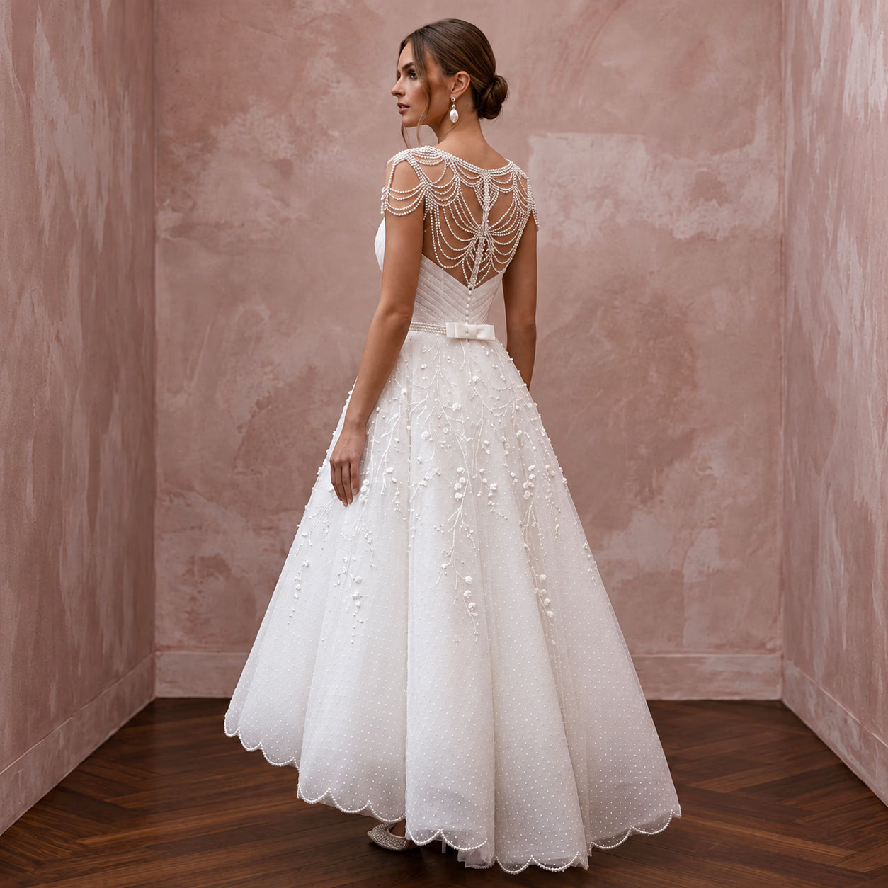 White Dotted Swiss Tulle Tea-Length Dress for 1950s Vow Renewal Secondary image