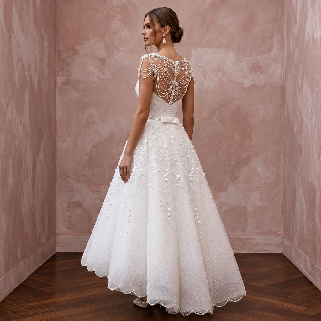White Dotted Swiss Tulle Tea-Length Dress for 1950s Vow Renewal