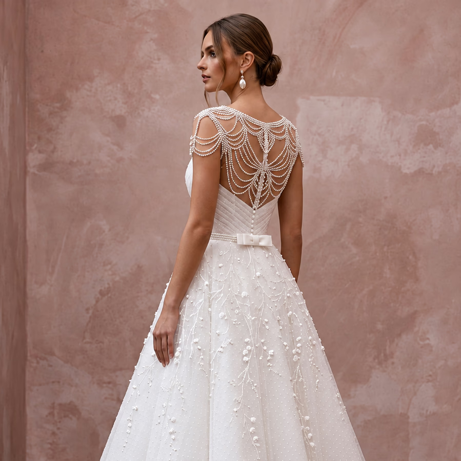White Dotted Swiss Tulle Tea-Length Dress for 1950s Vow Renewal