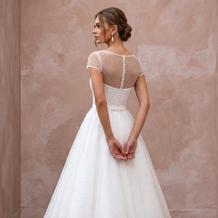 White Dotted Swiss Tulle Tea - Length Dress for 1950s Vow Renewal - Apparel & Accessories > Clothing > Wedding & Bridal Party Dresses > Wedding Dresses - Mignonette Bridal