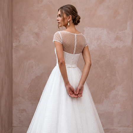 White Dotted Swiss Tulle Tea - Length Dress for 1950s Vow Renewal - Apparel & Accessories > Clothing > Wedding & Bridal Party Dresses > Wedding Dresses - Mignonette Bridal