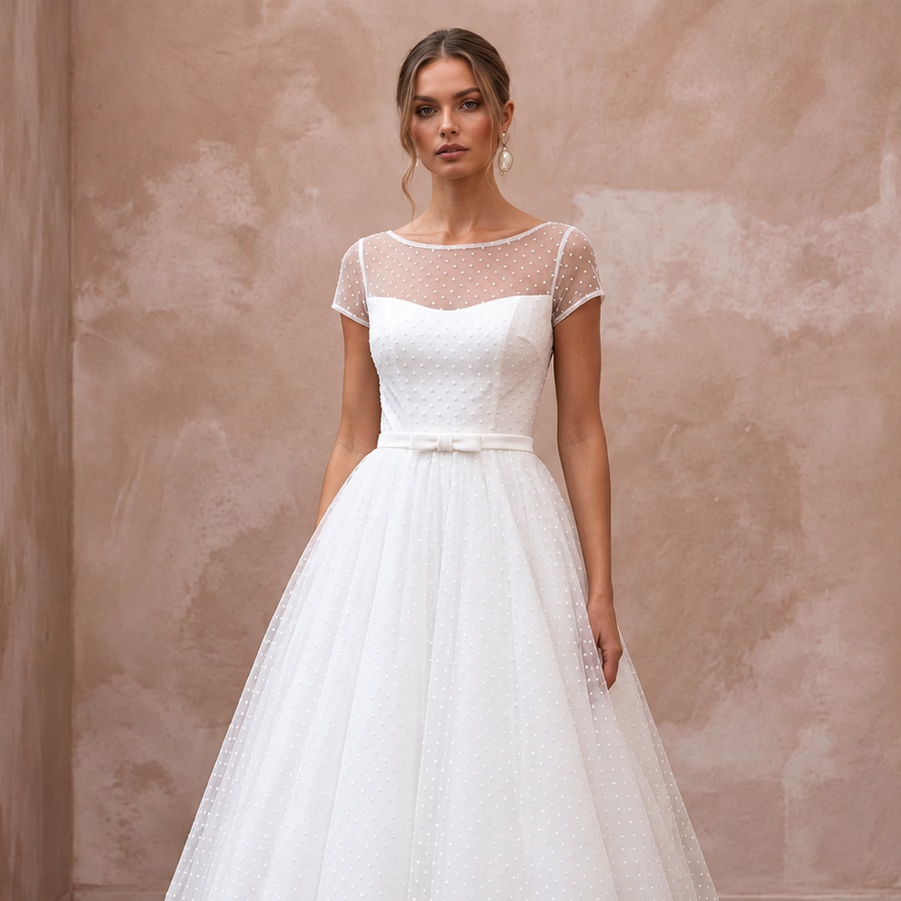 White Dotted Swiss Tulle Tea - Length Dress for 1950s Vow Renewal - Apparel & Accessories > Clothing > Wedding & Bridal Party Dresses > Wedding Dresses - Mignonette Bridal