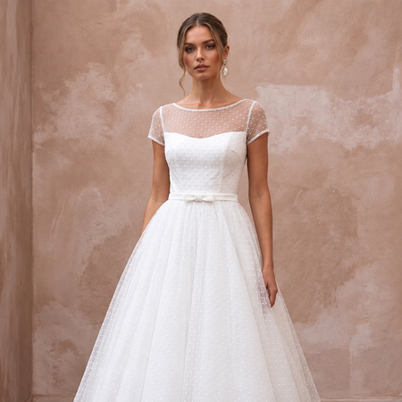 White Dotted Swiss Tulle Tea - Length Dress for 1950s Vow Renewal - Apparel & Accessories > Clothing > Wedding & Bridal Party Dresses > Wedding Dresses - Mignonette Bridal
