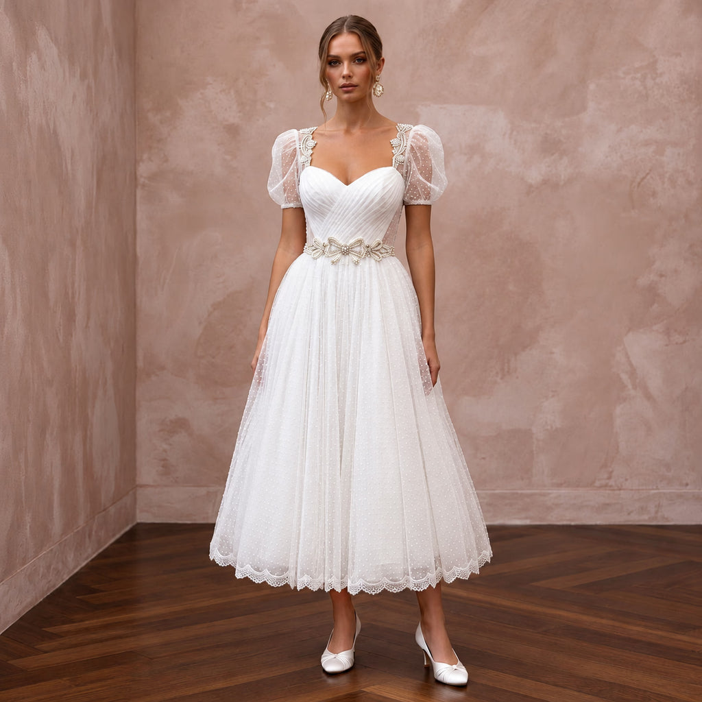 White Dotted Swiss Tulle Tea-Length Dress for Vintage Themed Reception