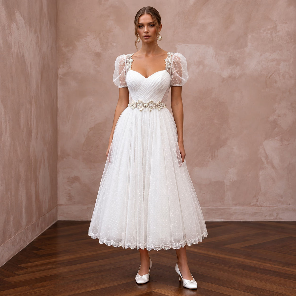 White Dotted Swiss Tulle Tea-Length Dress for Vintage Themed Reception