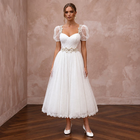 White Dotted Swiss Tulle Tea-Length Dress for Vintage Themed Reception