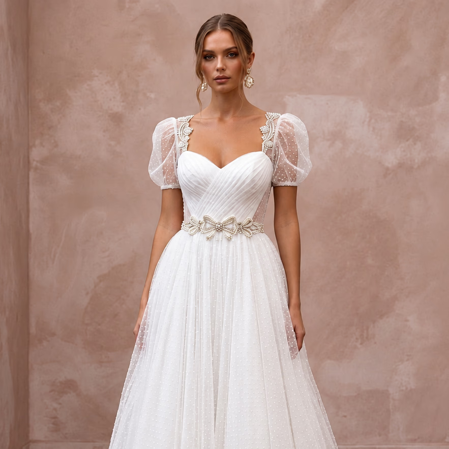 White Dotted Swiss Tulle Tea-Length Dress for Vintage Themed Reception