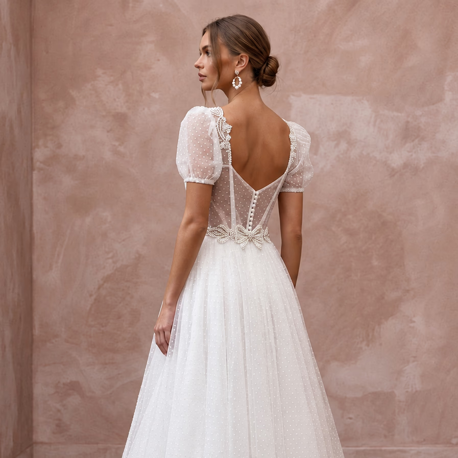 White Dotted Swiss Tulle Tea-Length Dress for Vintage Themed Reception
