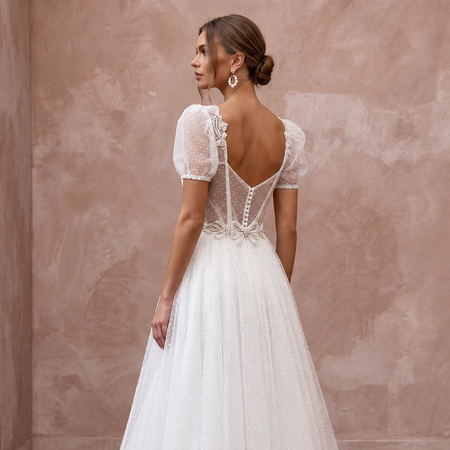 White Dotted Swiss Tulle Tea-Length Dress for Vintage Themed Reception
