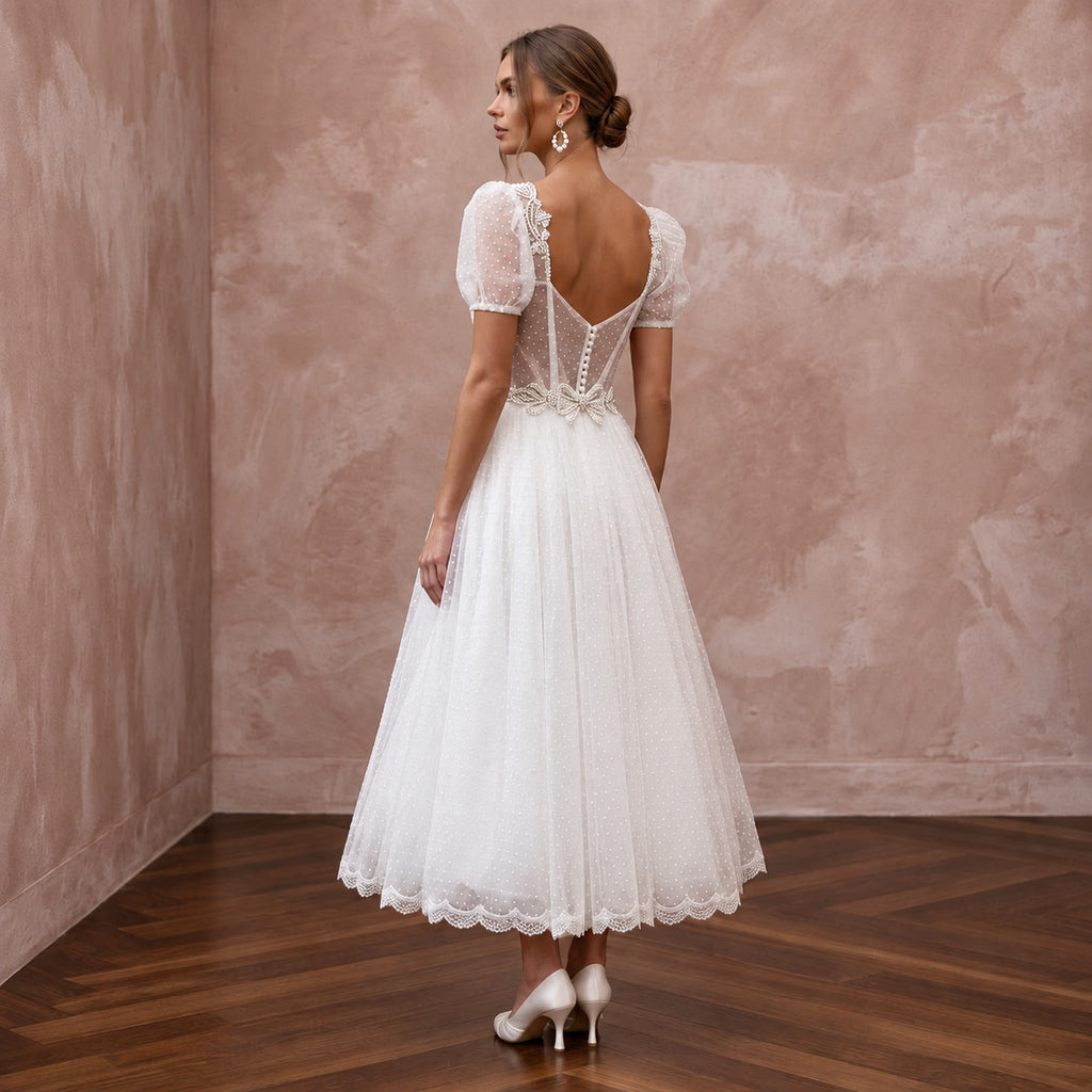 White Dotted Swiss Tulle Tea-Length Dress for Vintage Themed Reception