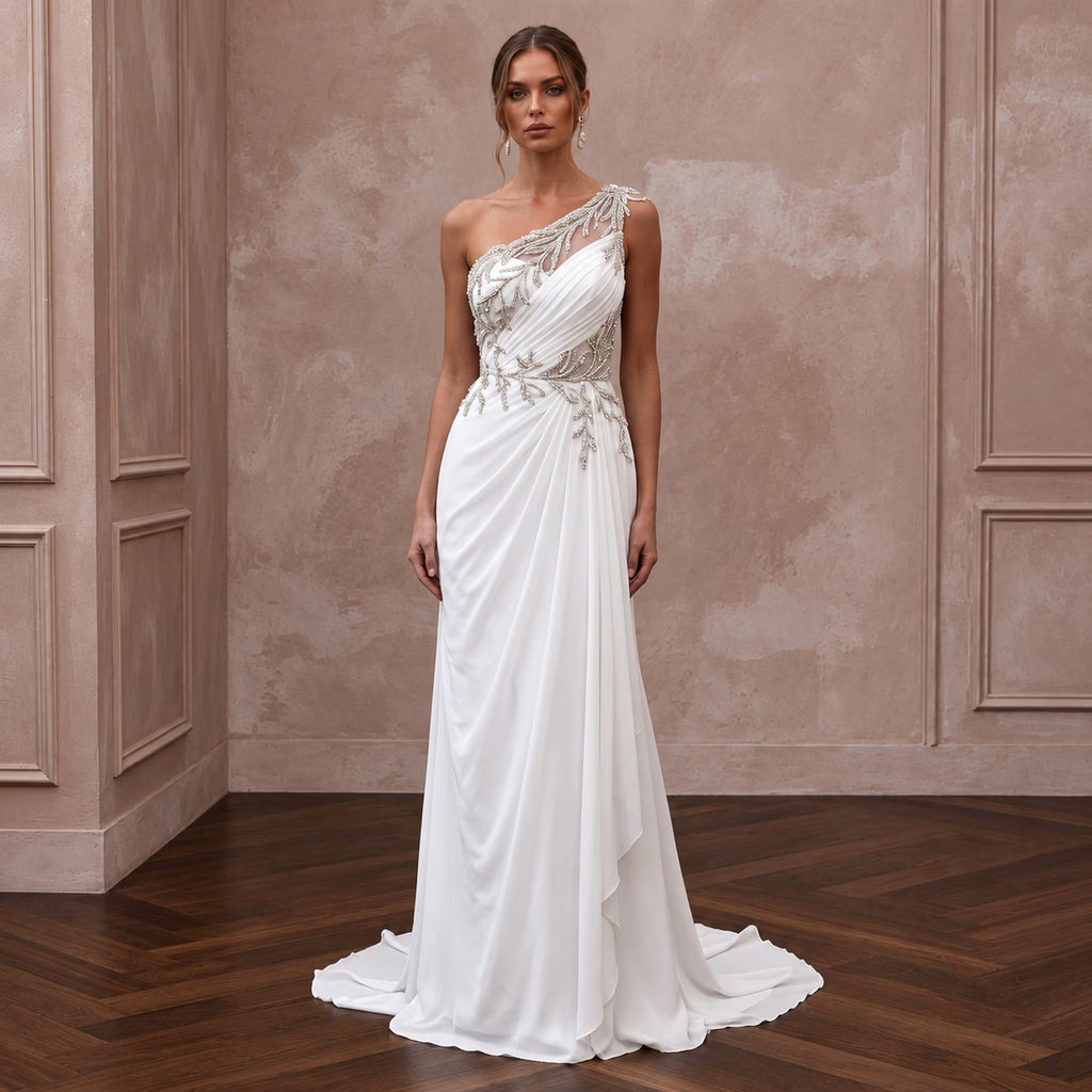 White Georgette One-Shoulder Flowing Grecian Wedding Dress