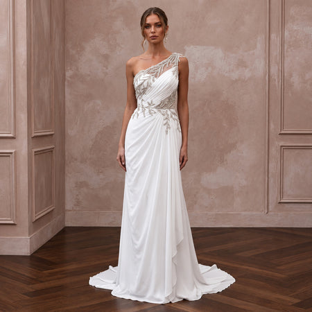 White Georgette One-Shoulder Flowing Grecian Wedding Dress