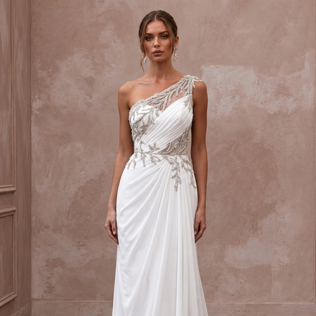 White Georgette One-Shoulder Flowing Grecian Wedding Dress