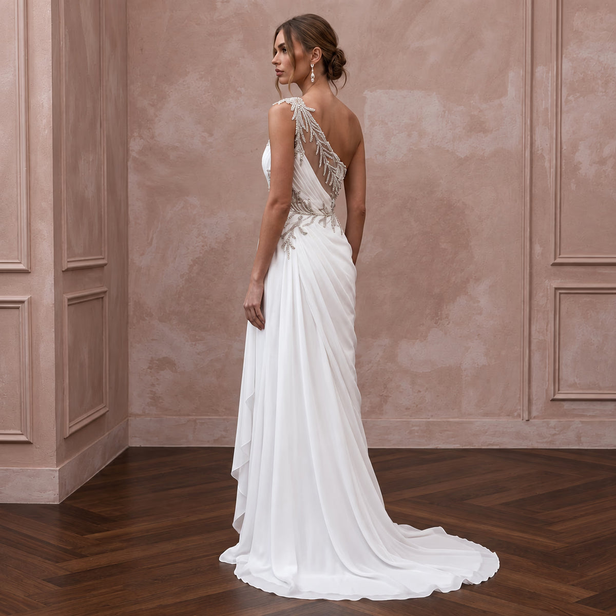White Georgette One-Shoulder Flowing Grecian Wedding Dress