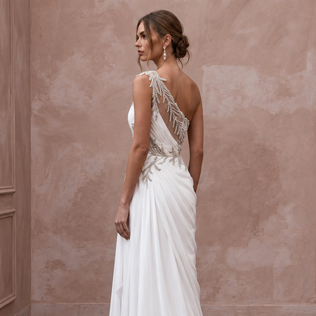 White Georgette One-Shoulder Flowing Grecian Wedding Dress