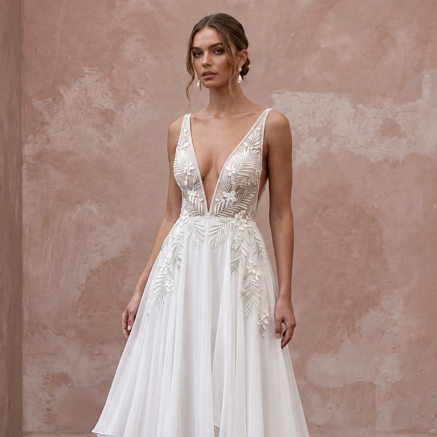 White Georgette Plunge V-Neck Flowing Maxi Dress for Tropical Elopement