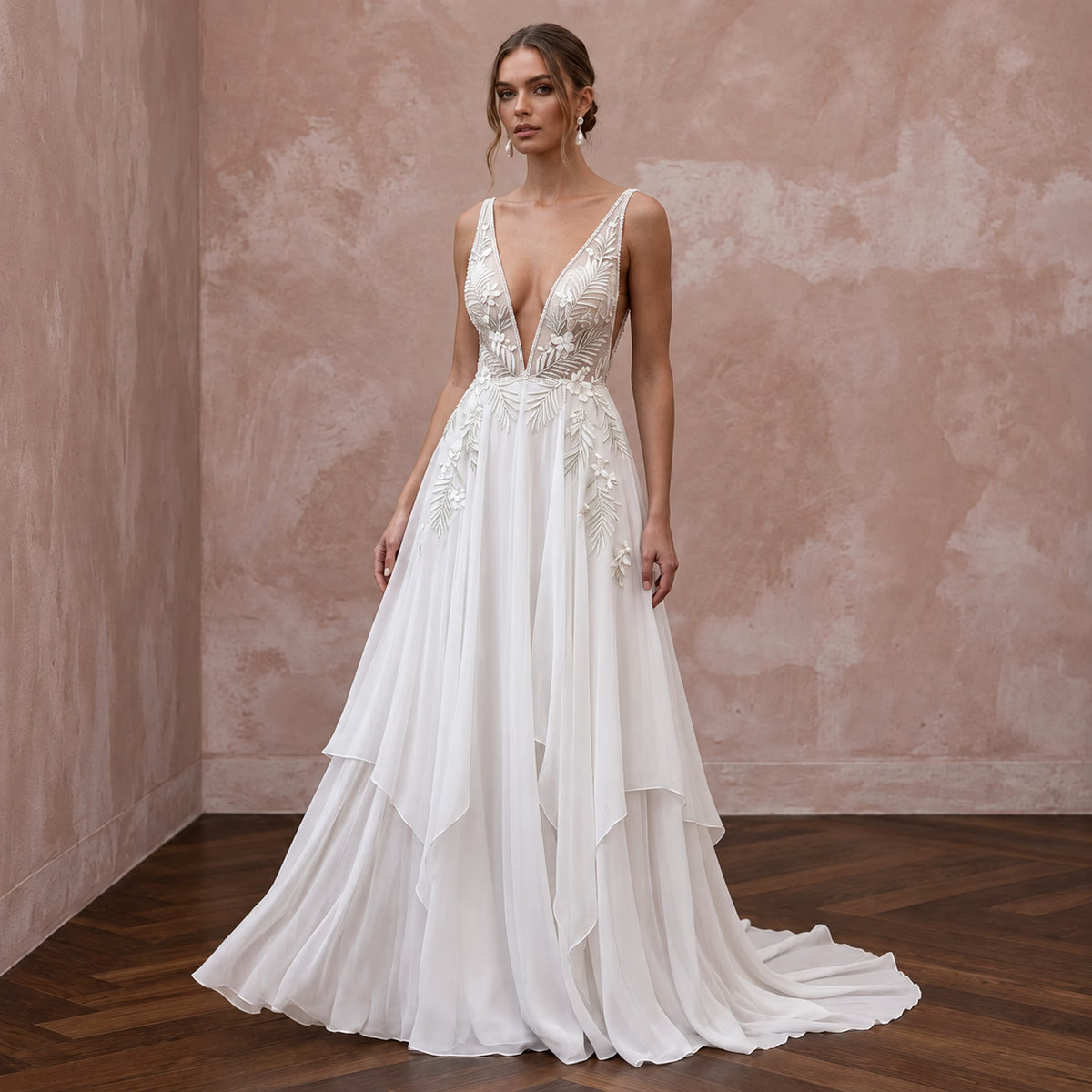 White Georgette Plunge V-Neck Flowing Maxi Dress for Tropical Elopement Main image