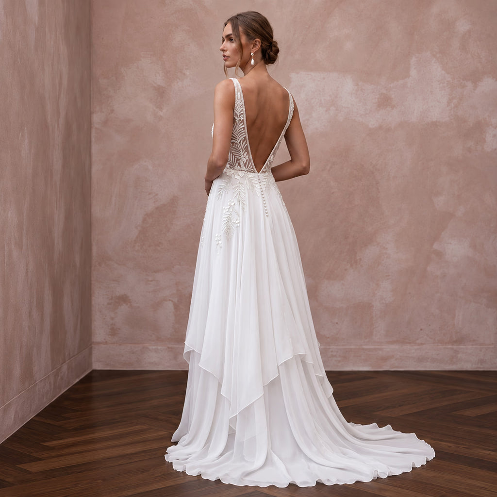 White Georgette Plunge V-Neck Flowing Maxi Dress for Tropical Elopement