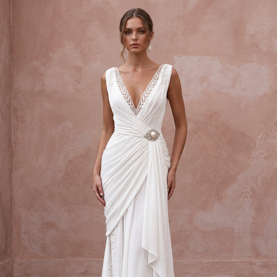 White Georgette Plunge V-Neck Grecian Draped Wedding Dress