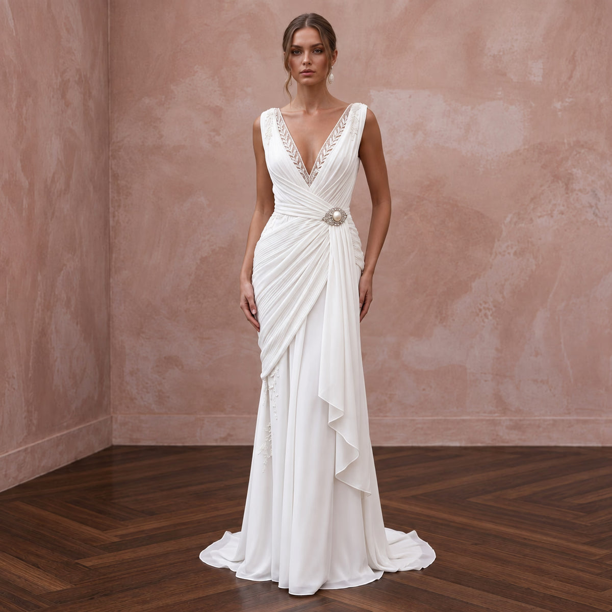 White Georgette Plunge V - Neck Grecian Draped Wedding Dress - Apparel & Accessories > Clothing > Wedding & Bridal Party Dresses > Wedding Dresses - Mignonette Bridal Main image
