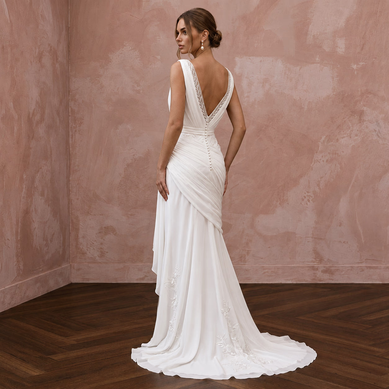 White Georgette Plunge V-Neck Grecian Draped Wedding Dress Secondary image