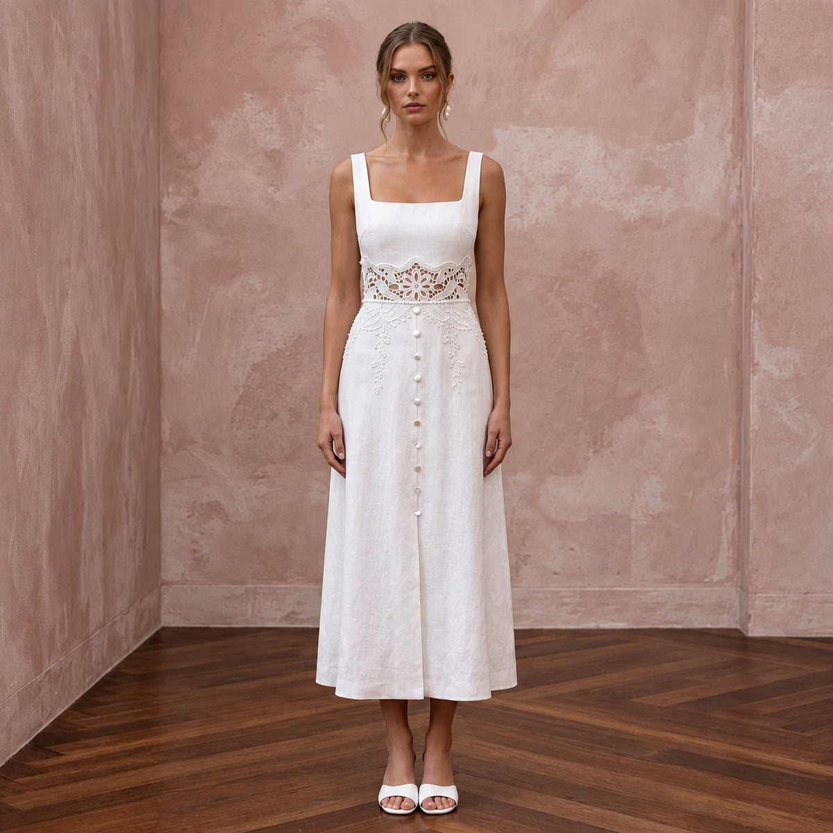 White Linen Square Neck Midi Dress for Summer Elopement
