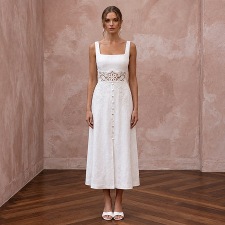 White Linen Square Neck Midi Dress for Summer Elopement
