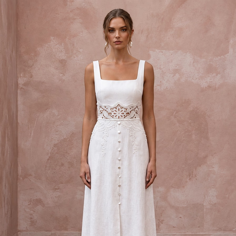 White Linen Square Neck Midi Dress for Summer Elopement