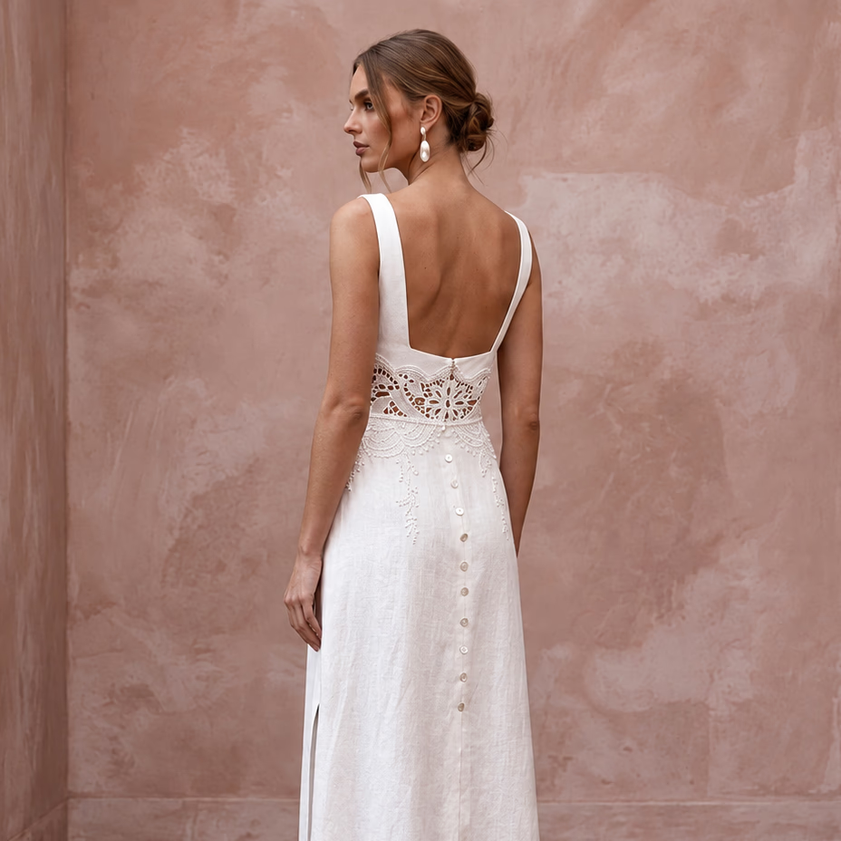 White Linen Square Neck Midi Dress for Summer Elopement