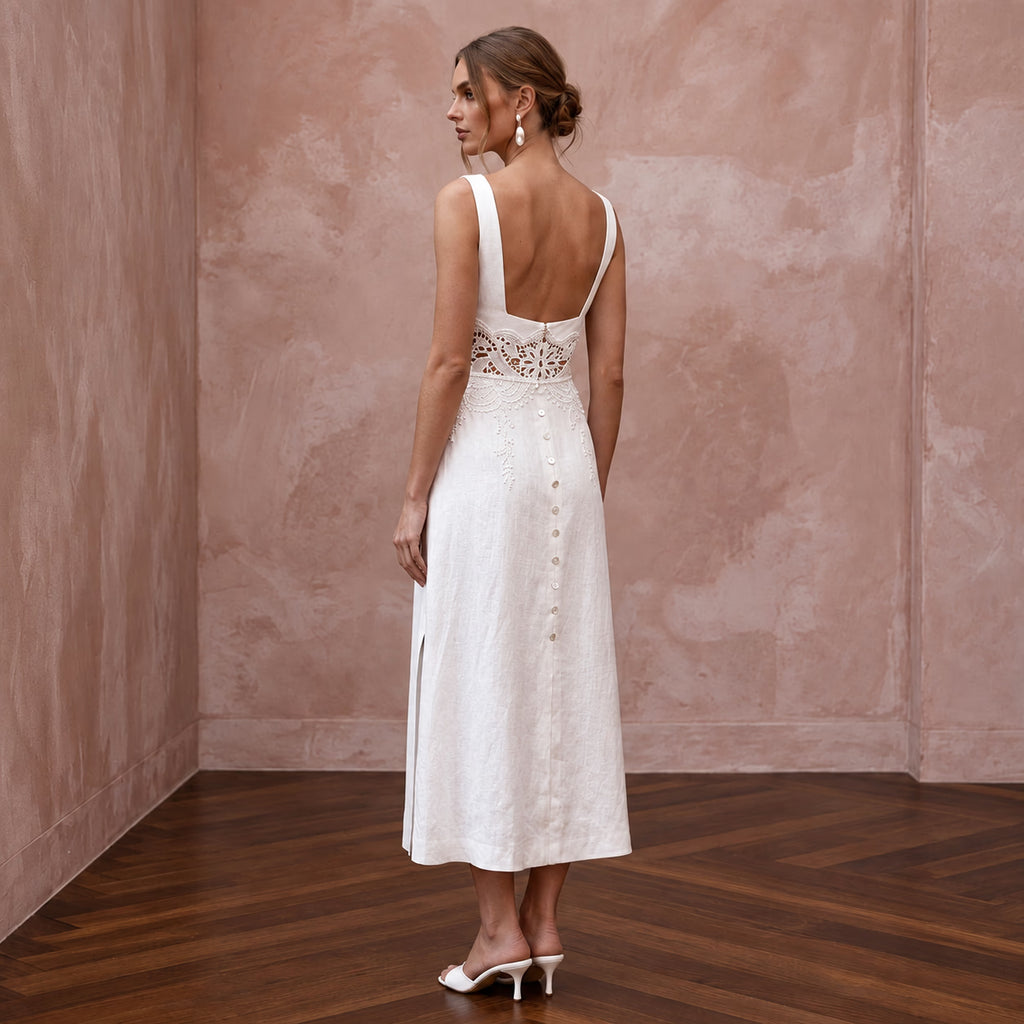 White Linen Square Neck Midi Dress for Summer Elopement