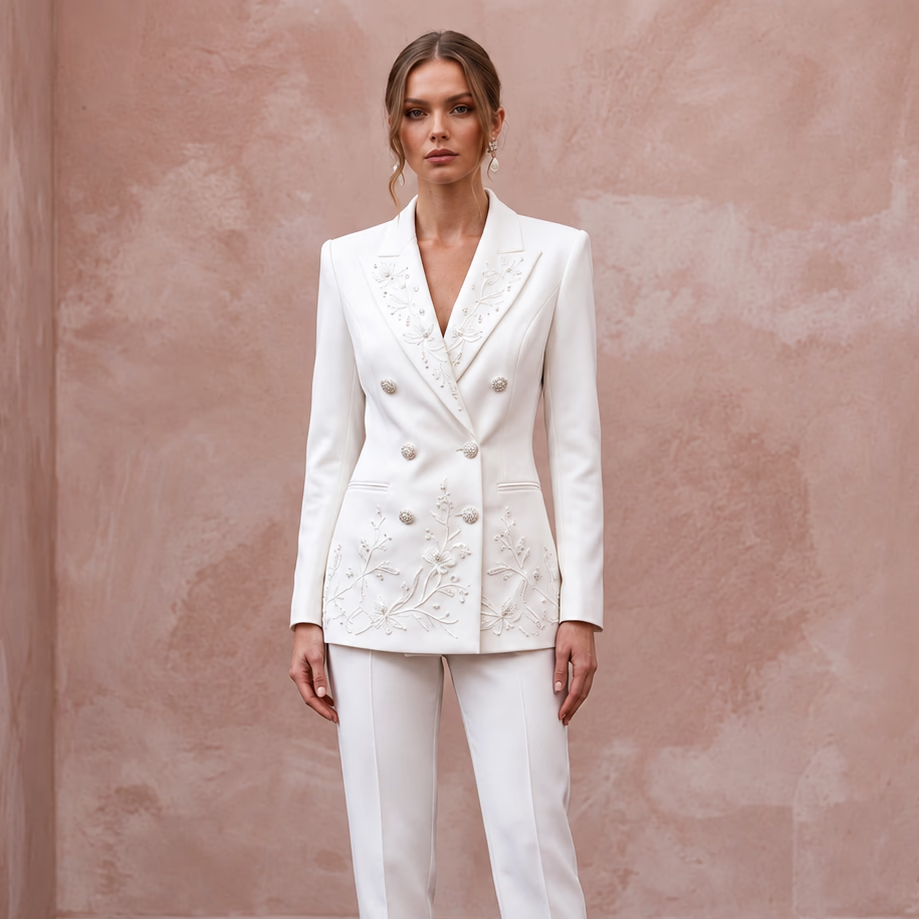 White Matte Satin Double - Breasted Bridal Blazer and Trouser Set - Apparel & Accessories > Clothing > Wedding & Bridal Party Dresses > Wedding Dresses - Mignonette Bridal