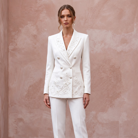 White Matte Satin Double - Breasted Bridal Blazer and Trouser Set - Apparel & Accessories > Clothing > Wedding & Bridal Party Dresses > Wedding Dresses - Mignonette Bridal