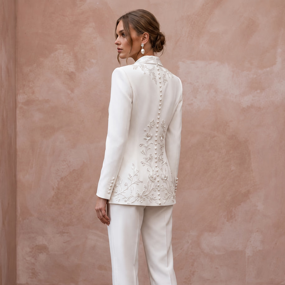 White Matte Satin Double - Breasted Bridal Blazer and Trouser Set - Apparel & Accessories > Clothing > Wedding & Bridal Party Dresses > Wedding Dresses - Mignonette Bridal