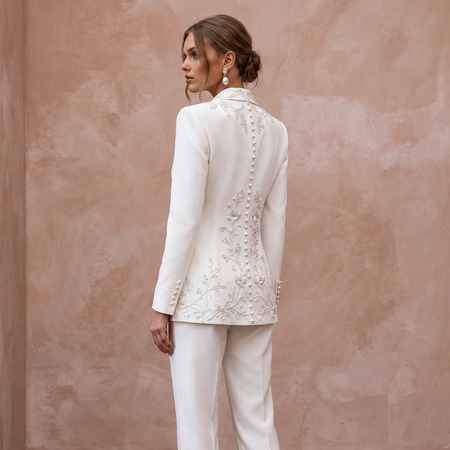 White Matte Satin Double - Breasted Bridal Blazer and Trouser Set - Apparel & Accessories > Clothing > Wedding & Bridal Party Dresses > Wedding Dresses - Mignonette Bridal