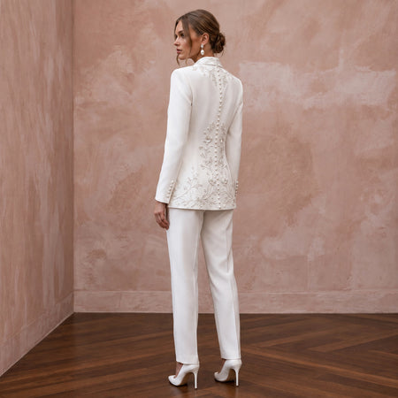 White Matte Satin Double - Breasted Bridal Blazer and Trouser Set - Apparel & Accessories > Clothing > Wedding & Bridal Party Dresses > Wedding Dresses - Mignonette Bridal