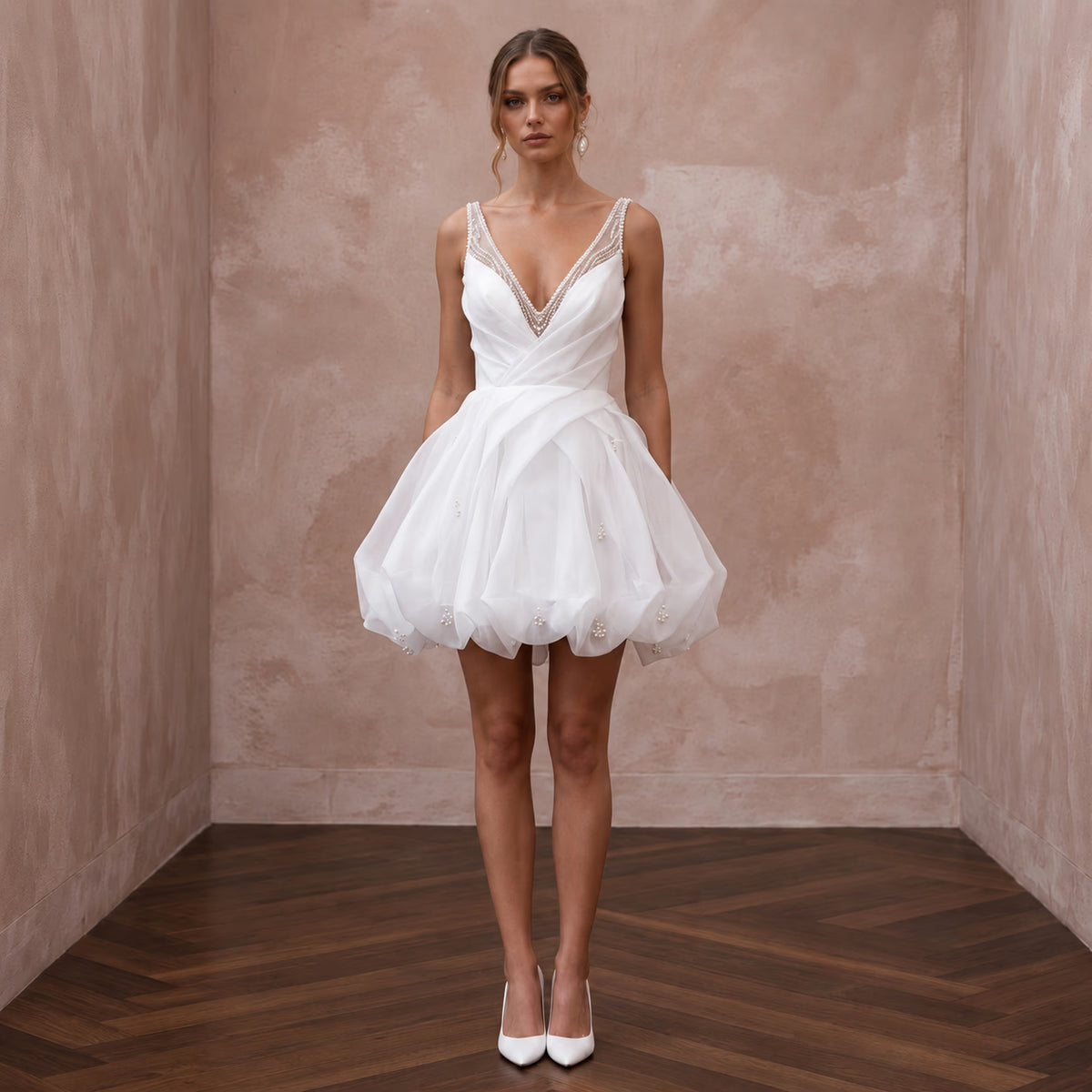 White Organza Bubble Hem Mini Bridal Dress for After-Party Main image