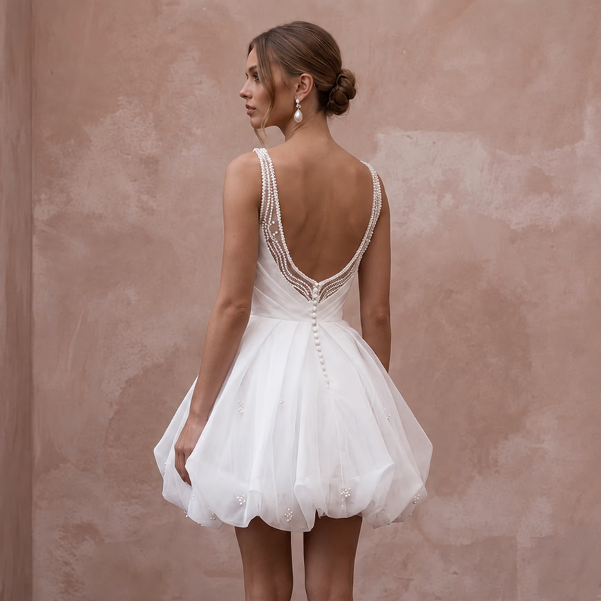 White Organza Bubble Hem Mini Bridal Dress for After-Party