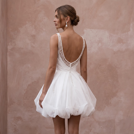 White Organza Bubble Hem Mini Bridal Dress for After-Party