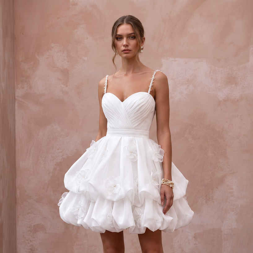 White Organza Bubble Hem Mini Dress for Wedding Reception Change