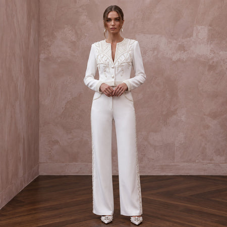White Pearl Embellished Crepe Two-Piece Evening Suit for Rehearsal Dinner