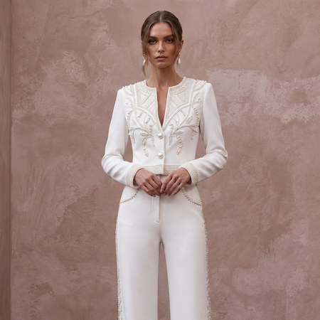 White Pearl Embellished Crepe Two-Piece Evening Suit for Rehearsal Dinner