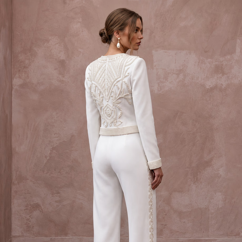 White Pearl Embellished Crepe Two-Piece Evening Suit for Rehearsal Dinner