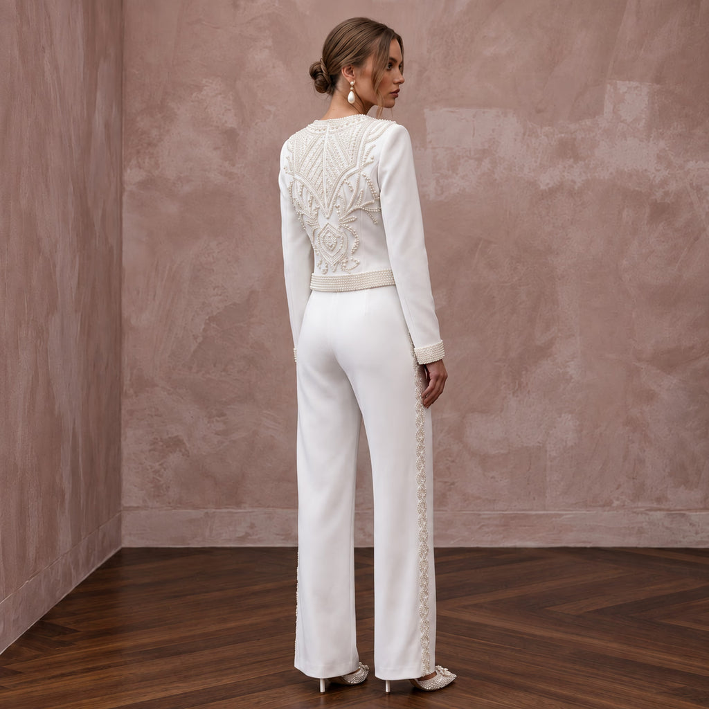 White Pearl Embellished Crepe Two-Piece Evening Suit for Rehearsal Dinner