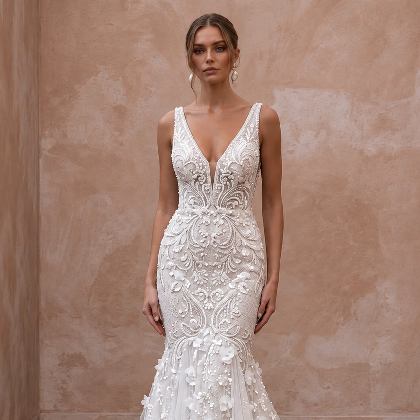 White Sequin Embellished Tulle V-Neck Trumpet Gown