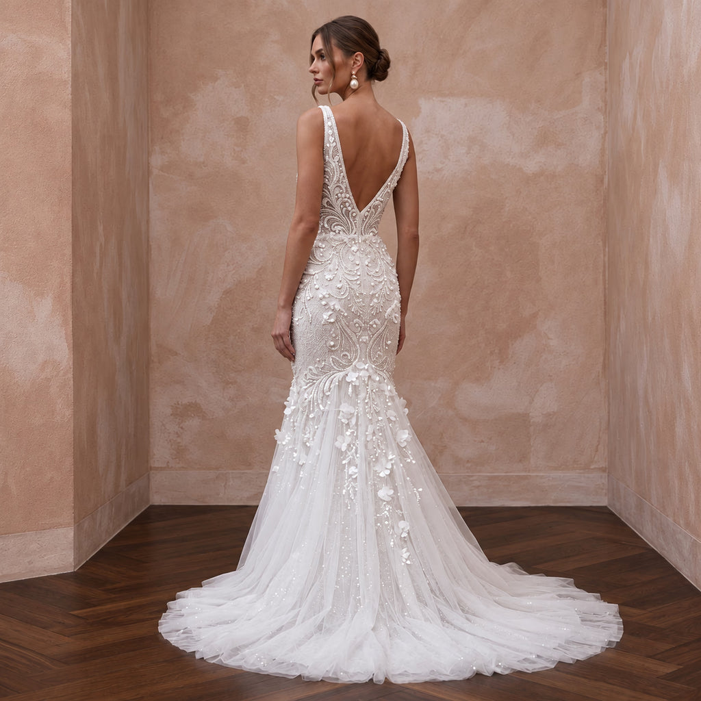 White Sequin Embellished Tulle V-Neck Trumpet Gown