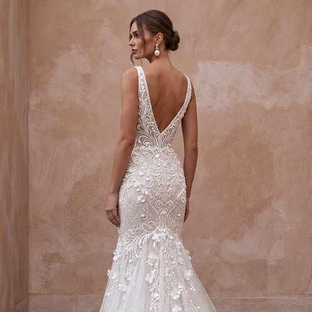 White Sequin Embellished Tulle V-Neck Trumpet Gown