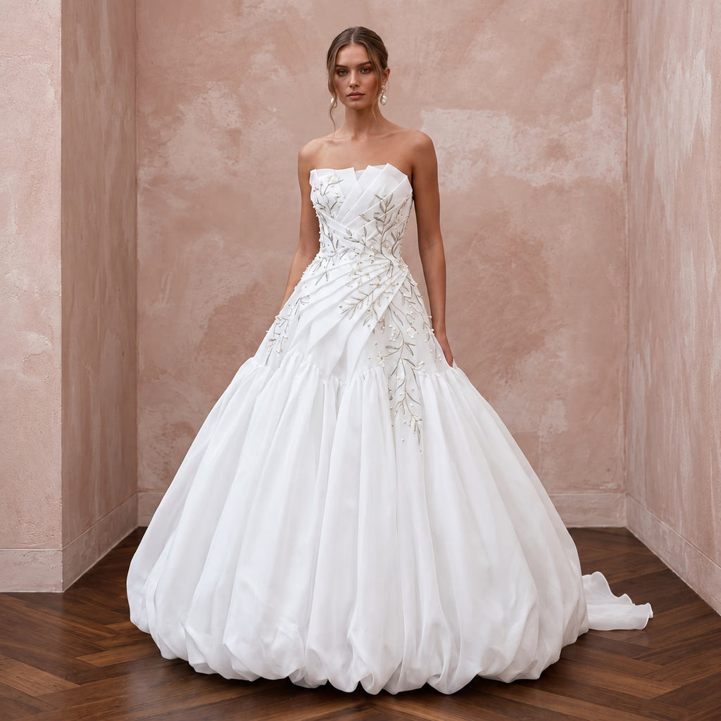 White Silk Organza Voluminous Bubble Skirt Strapless Elopement Gown - Apparel & Accessories > Clothing > Wedding & Bridal Party Dresses > Wedding Dresses - Mignonette Bridal