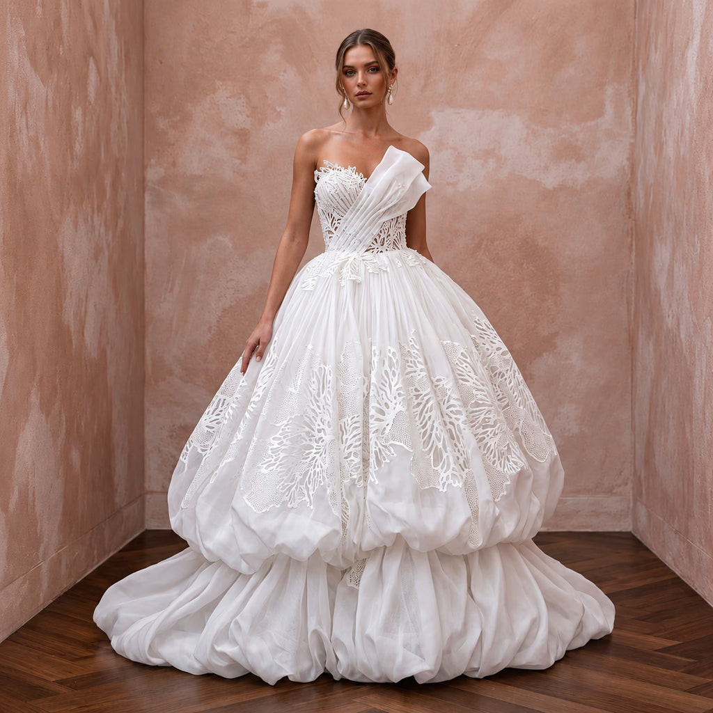 White Silk Organza Voluminous Bubble Skirt Strapless Elopement Gown